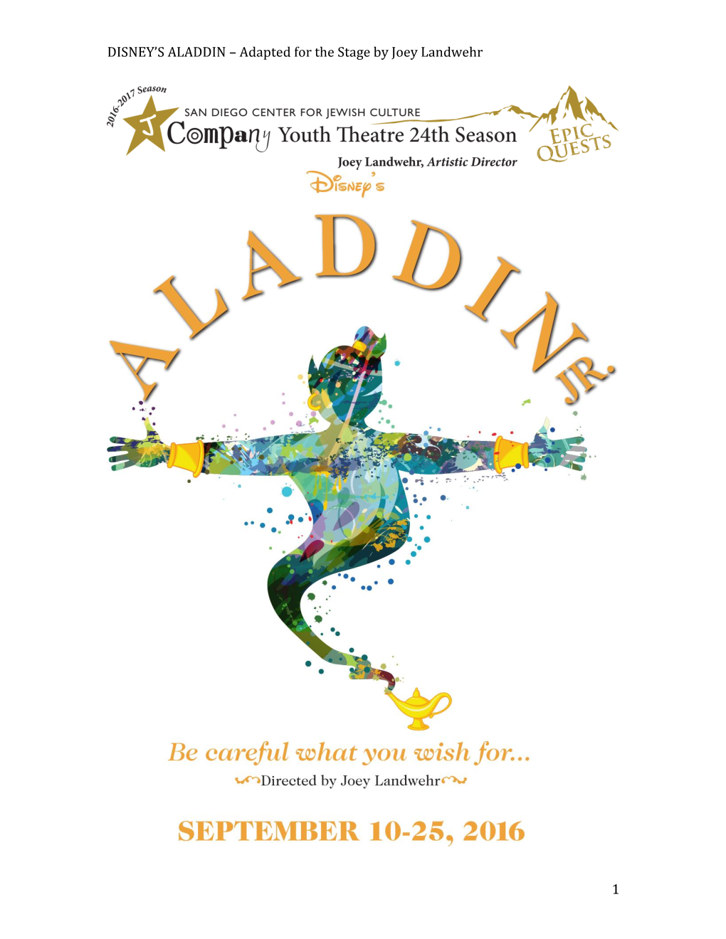 DISNEY's ALADDIN – Adapted for the Stage by Joey Landwehr 1