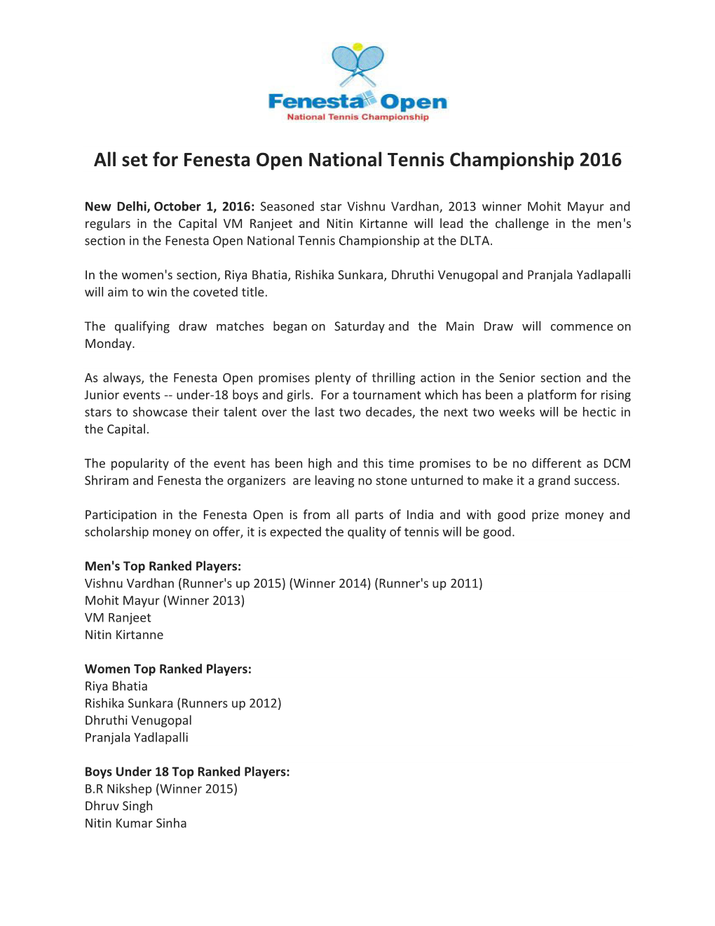 All Set for Fenesta Open National Tennis Championship 2016