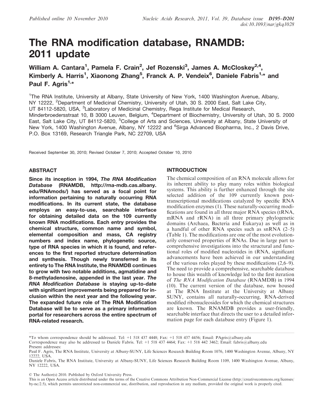 The RNA Modification Database, RNAMDB: 2011 Update William A