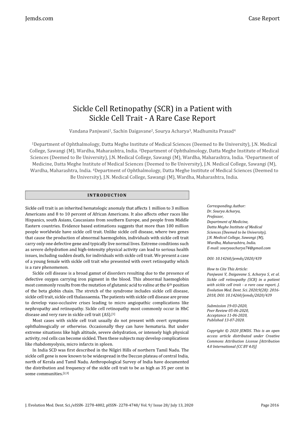 Sickle Cell Retinopathy (SCR) in a Patient with Sickle Cell Trait - a Rare Case Report