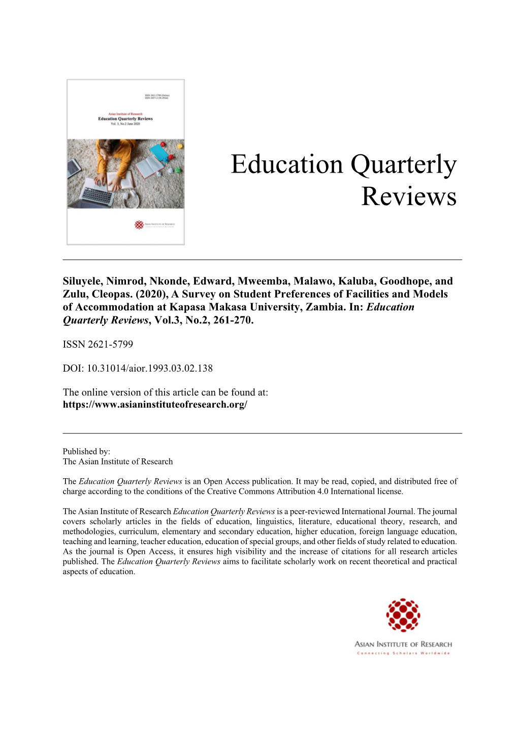 Education Quarterly Reviews