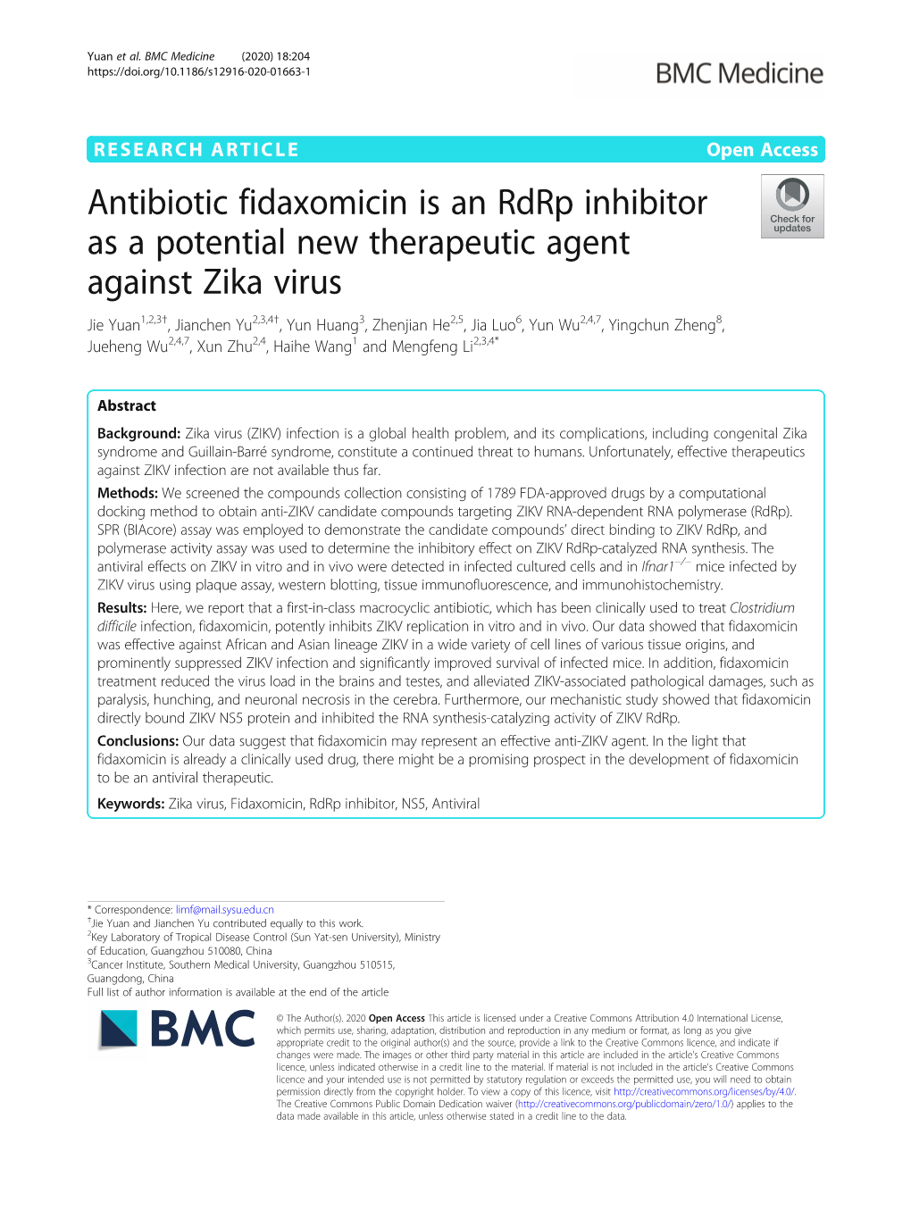 Antibiotic Fidaxomicin Is an Rdrp Inhibitor As a Potential New Therapeutic Agent Against Zika Virus