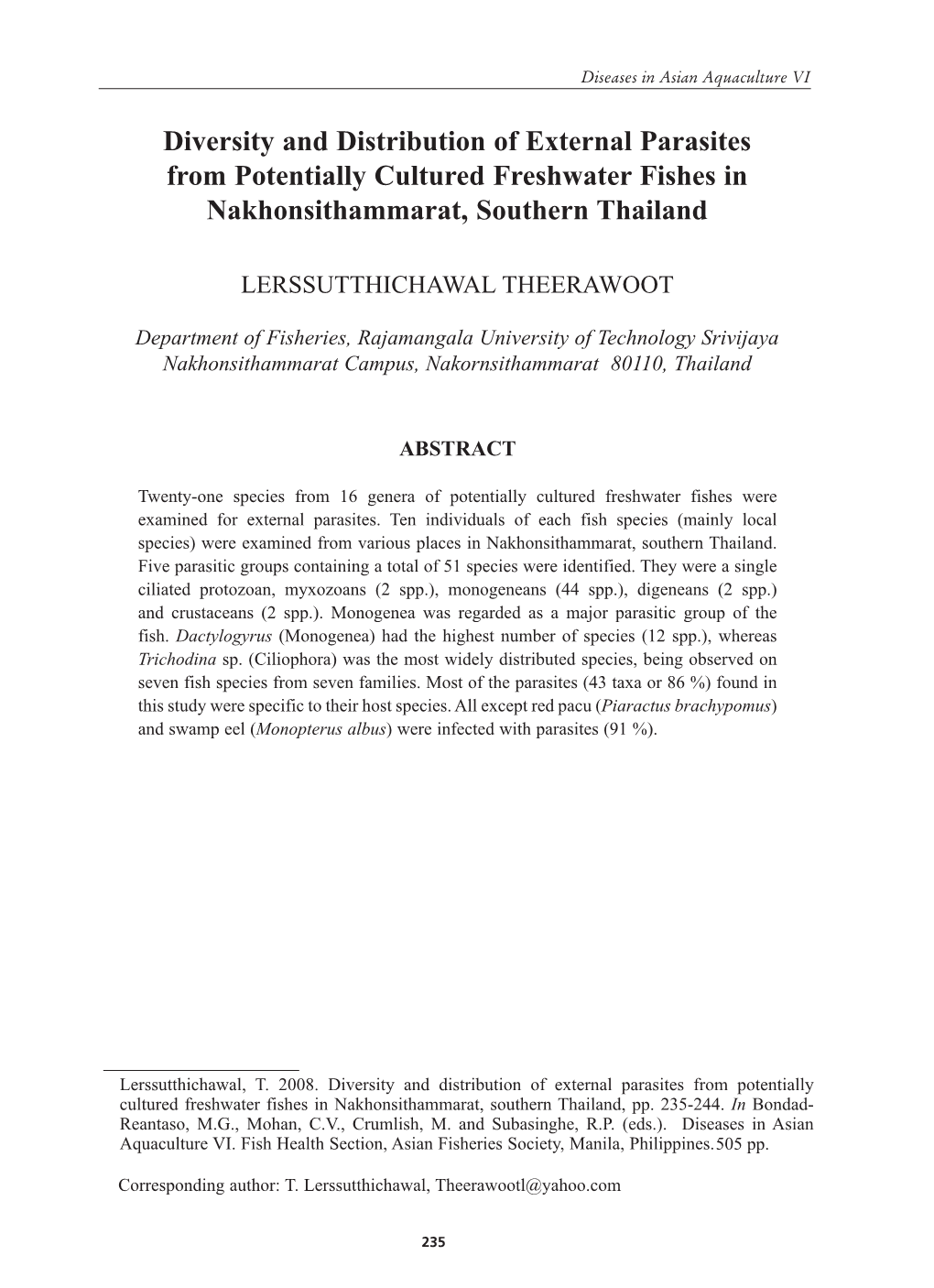 Diversity and Distribution of External Parasites from Potentially Cultured Freshwater Fishes in Nakhonsithammarat, Southern Thailand