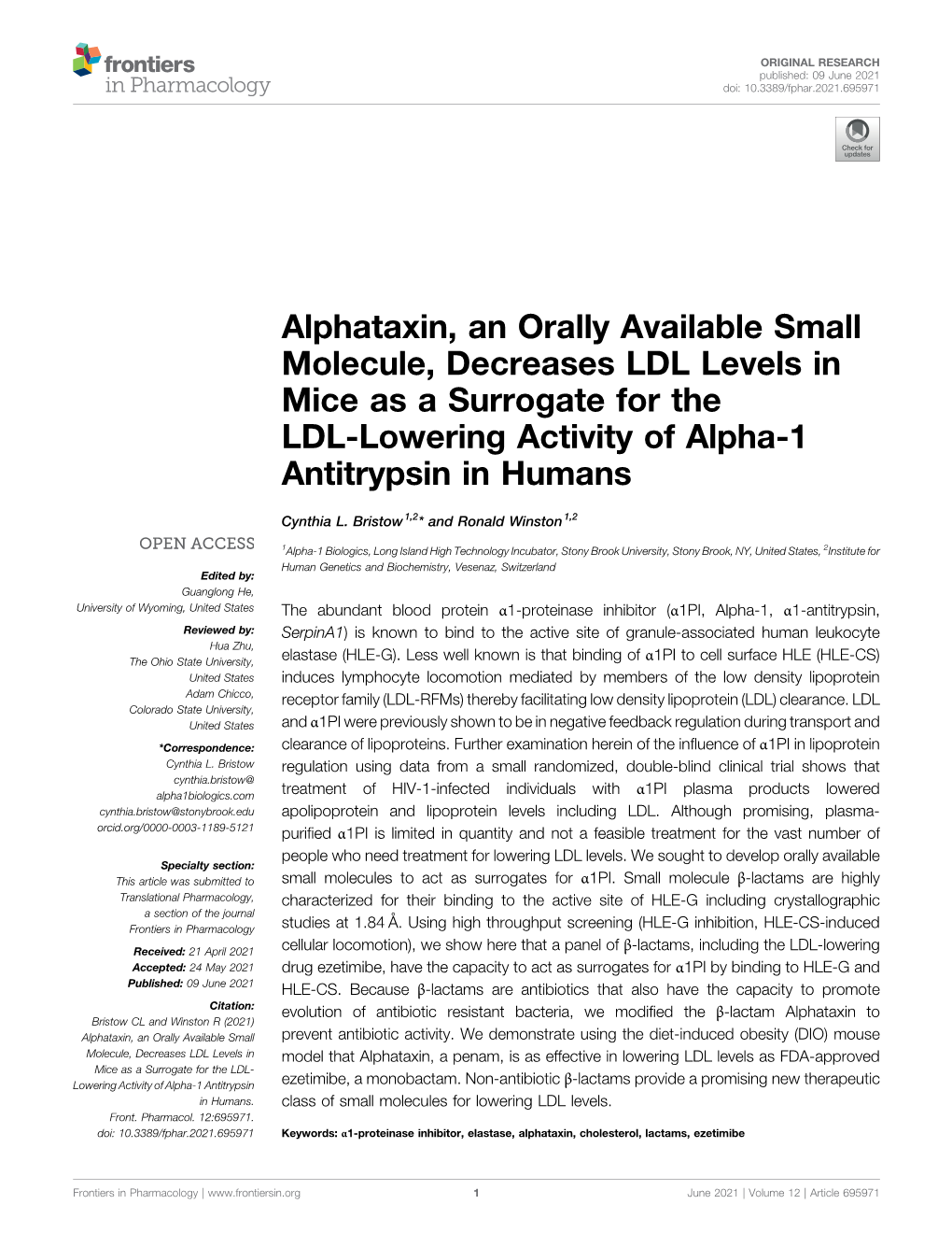 Alphataxin, an Orally Available Small Molecule, Decreases LDL Levels in Mice As a Surrogate for the LDL-Lowering Activity of Alpha-1 Antitrypsin in Humans