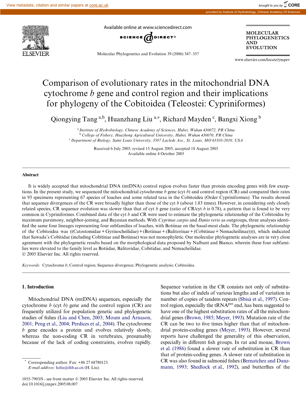 Comparison of Evolutionary Rates in the Mitochondrial DNA Cytochrome B Gene and Control Region and Their Implications for Phylog