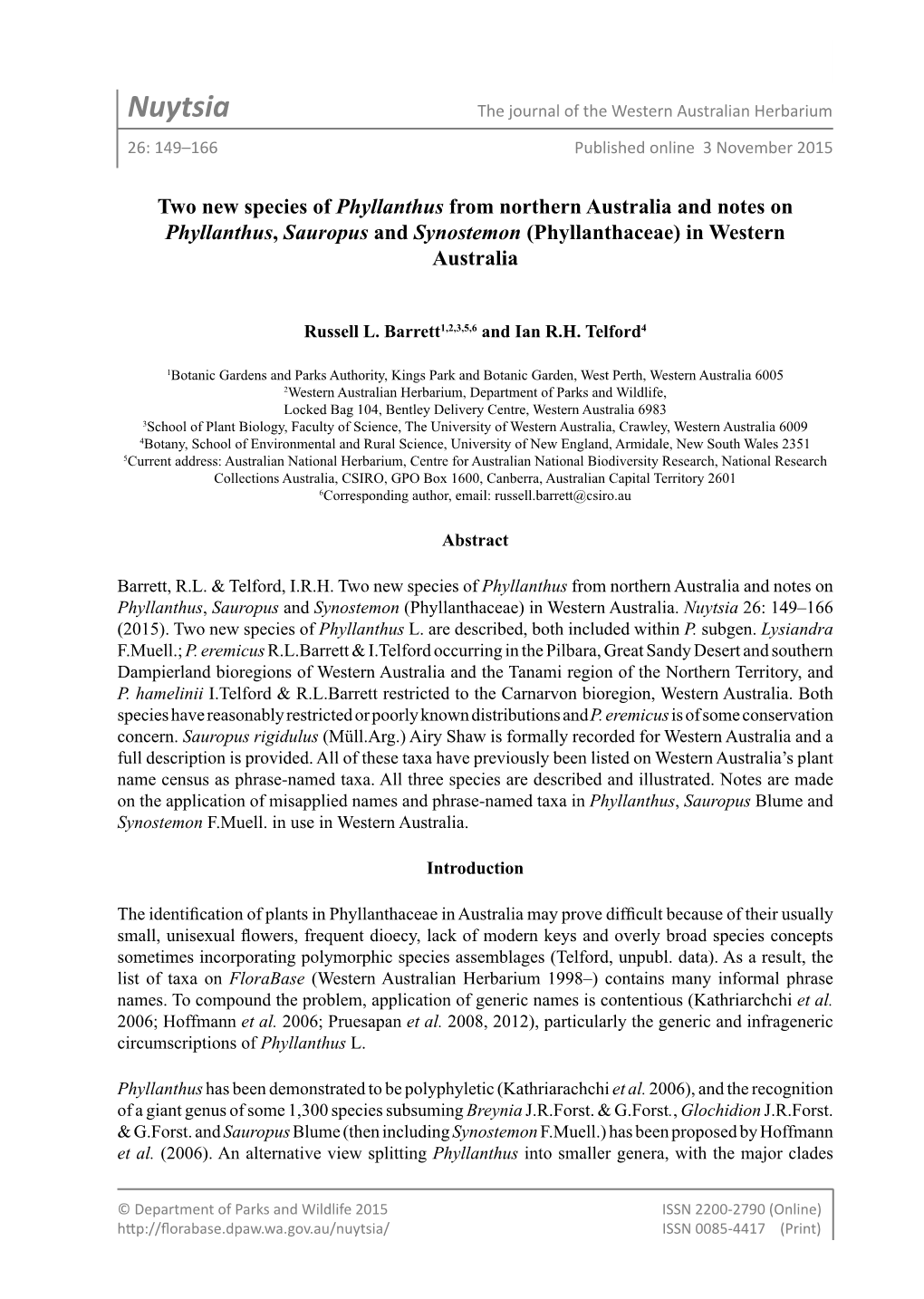 Nuytsia the Journal of the Western Australian Herbarium 26: 149–166 Published Online 3 November 2015