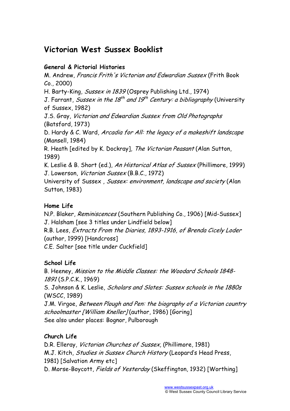 Victorian West Sussex Booklist