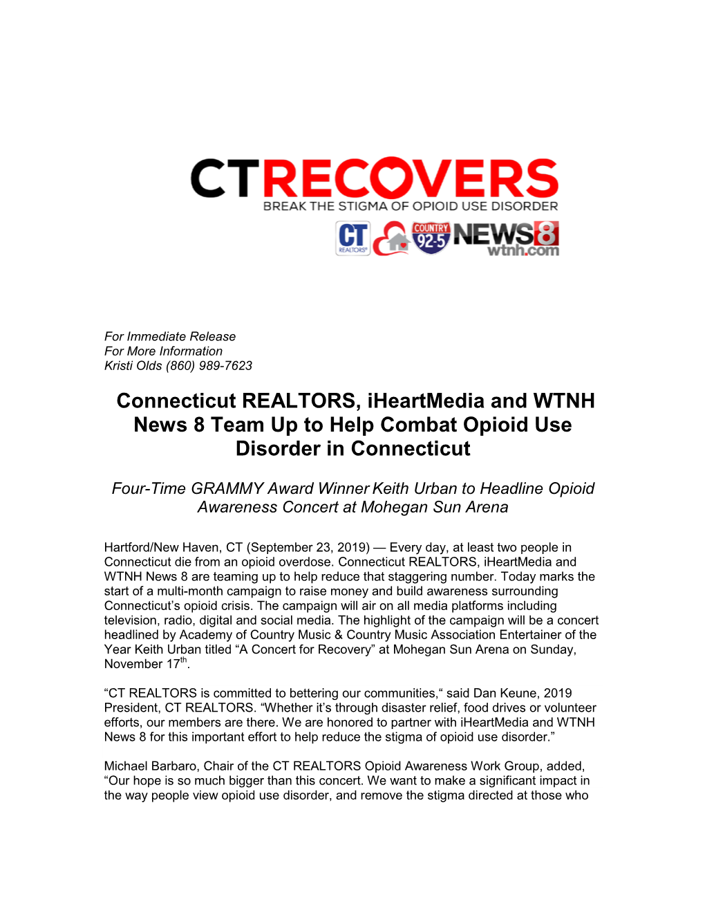 Connecticut REALTORS, Iheartmedia and WTNH News 8 Team up to Help Combat Opioid Use Disorder in Connecticut