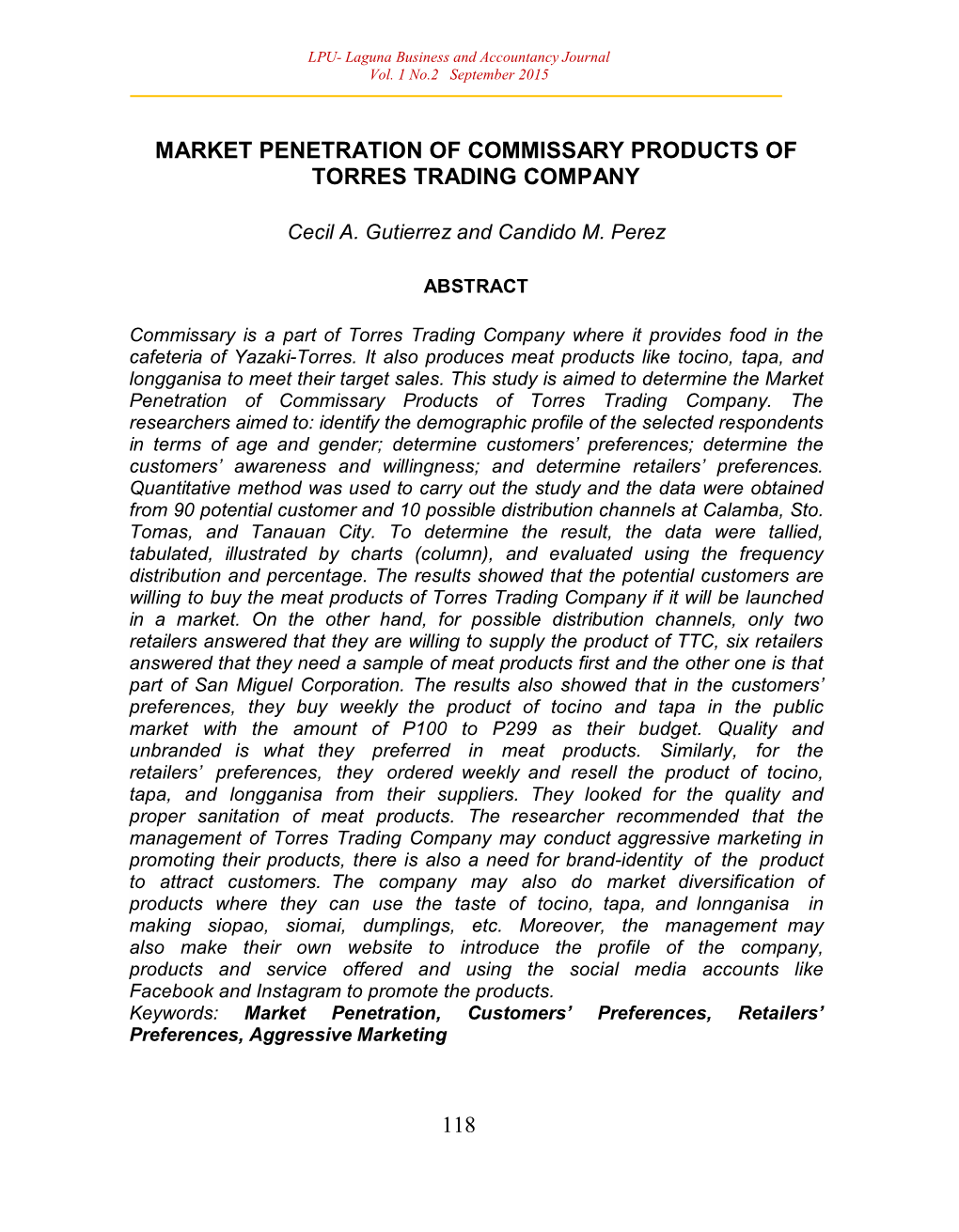 Market Penetration of Commissary Products of Torres Trading Company