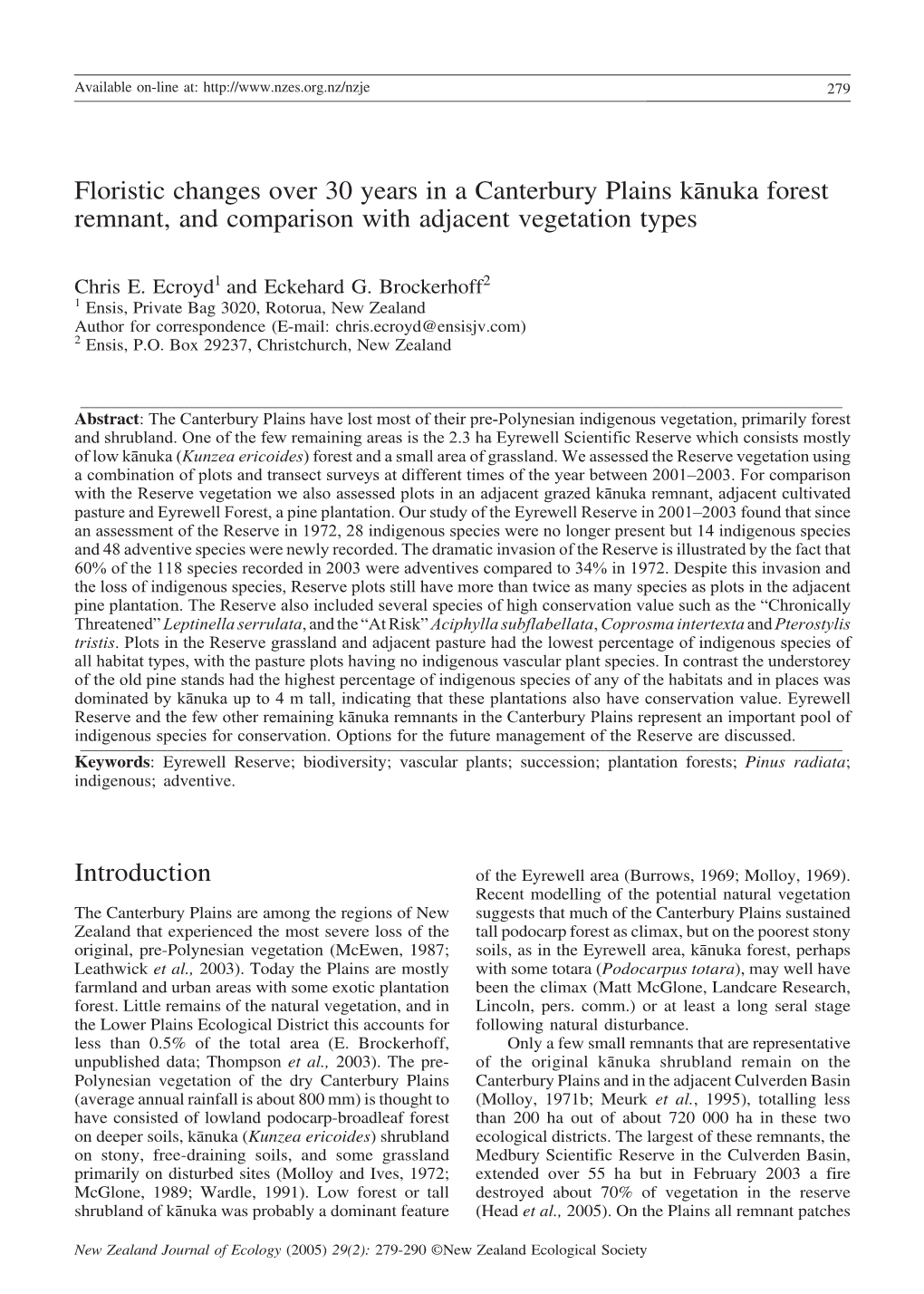 Floristic Changes Over 30 Years in a Canterbury Plains Känuka Forest Remnant, and Comparison with Adjacent Vegetation Types