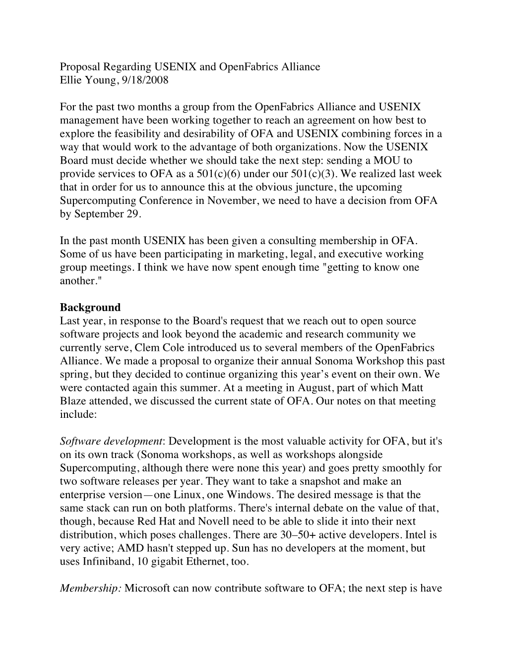 Proposal Regarding USENIX and Openfabrics Alliance Ellie Young, 9/18/2008