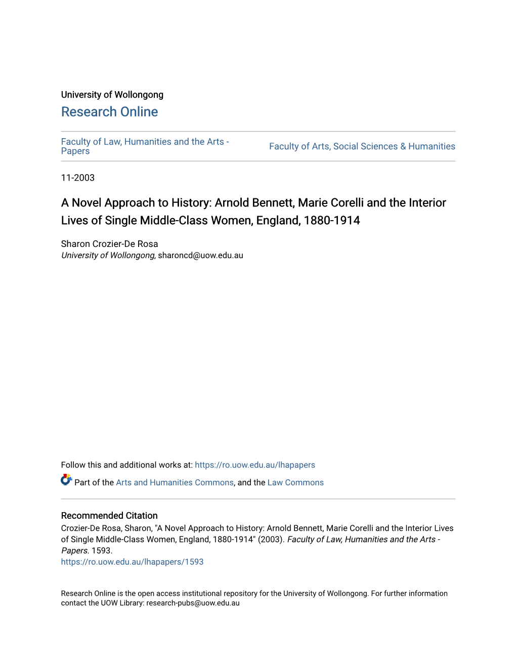 Arnold Bennett, Marie Corelli and the Interior Lives of Single Middle-Class Women, England, 1880-1914