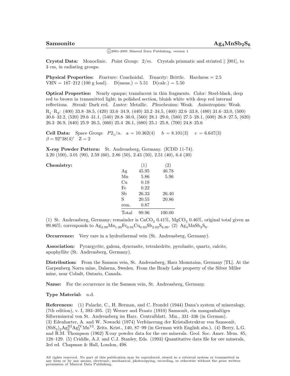 Samsonite Ag4mnsb2s6 C 2001-2005 Mineral Data Publishing, Version 1