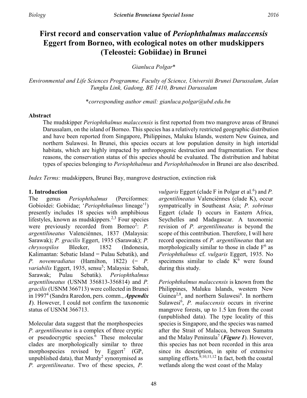 First Record and Conservation Value of Periophthalmus Malaccensis Eggert from Borneo, with Ecological Notes on Other Mudskippers (Teleostei: Gobiidae) in Brunei