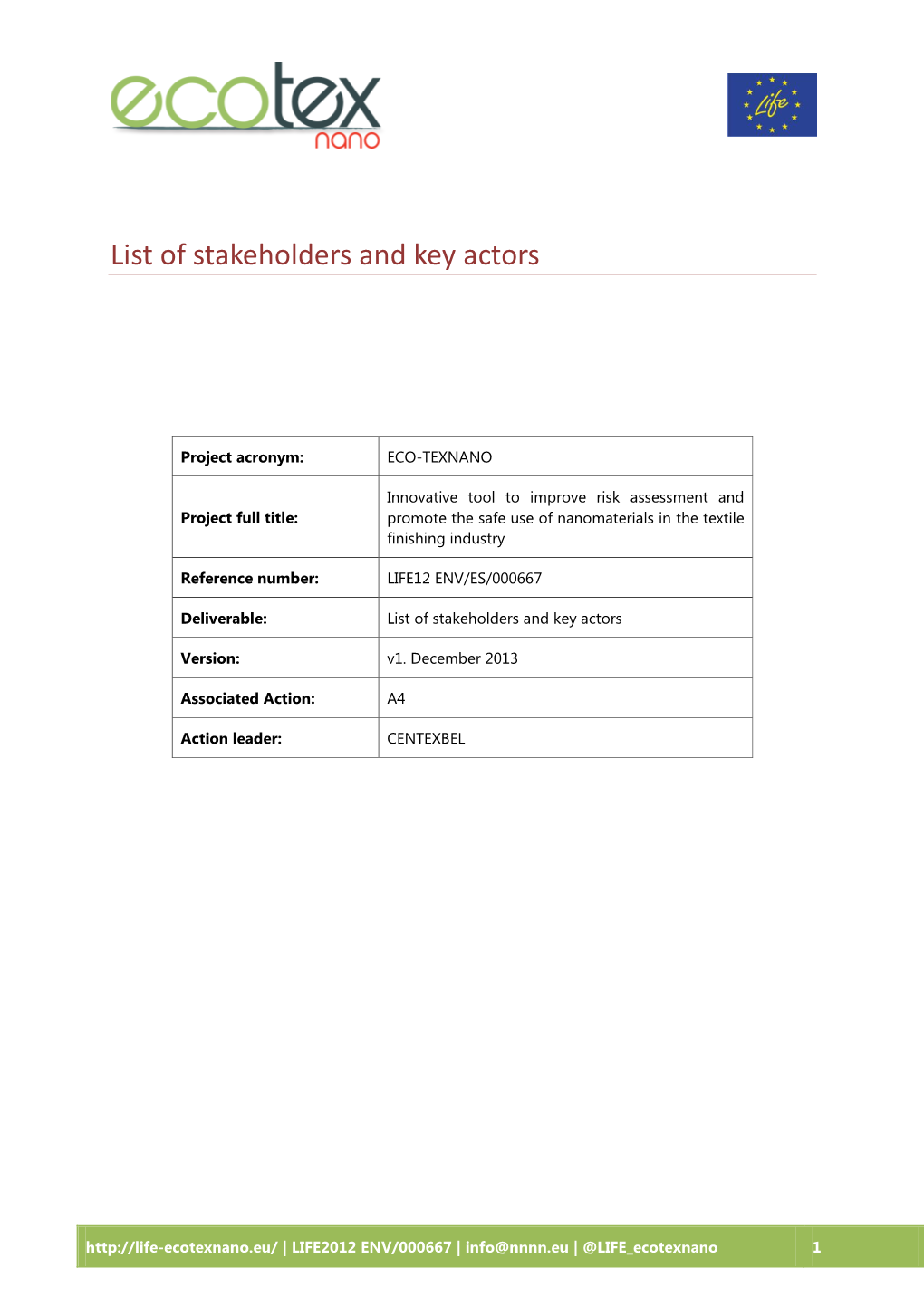 List of Stakeholders and Key Actors