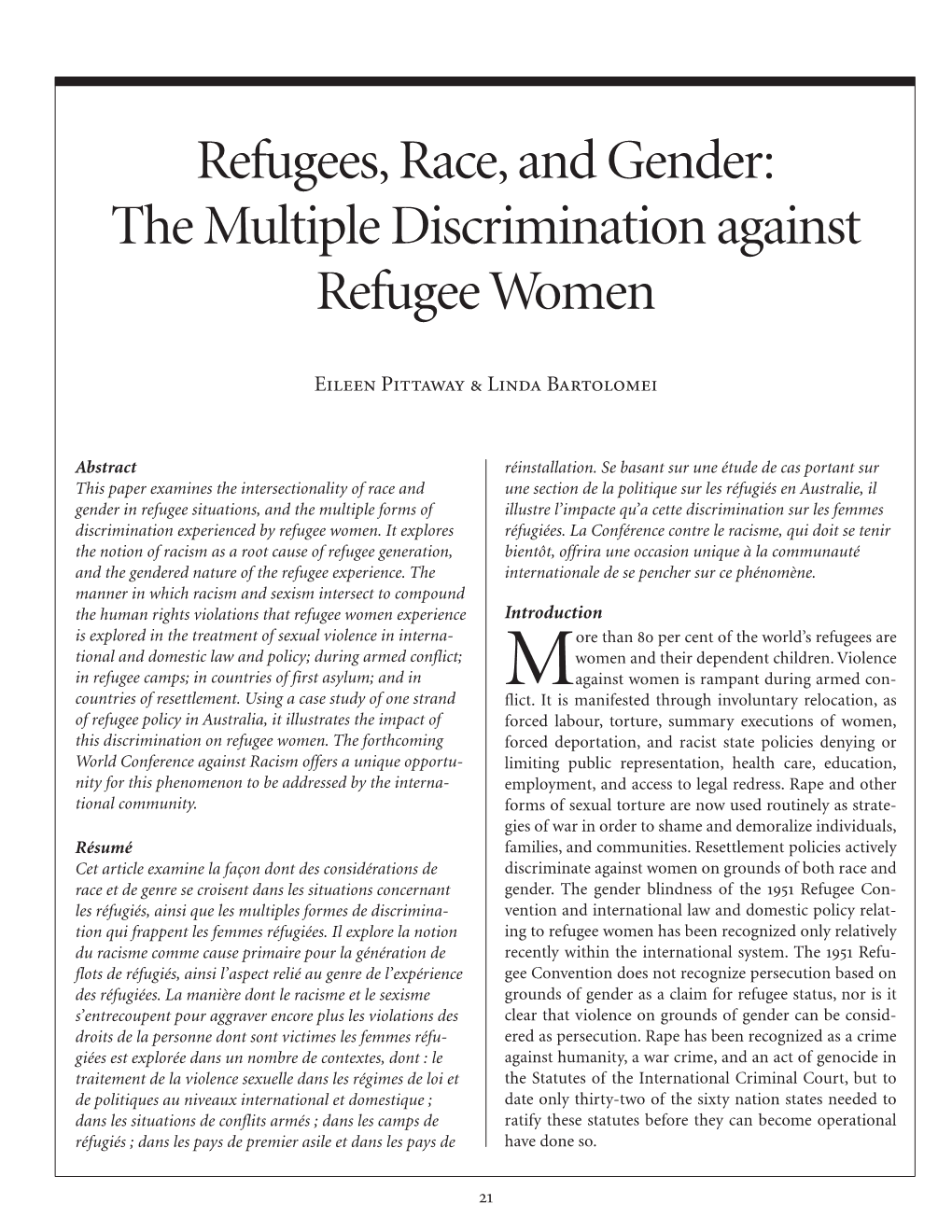 Refugees, Race, and Gender: the Multiple Discrimination Against Refugee Women