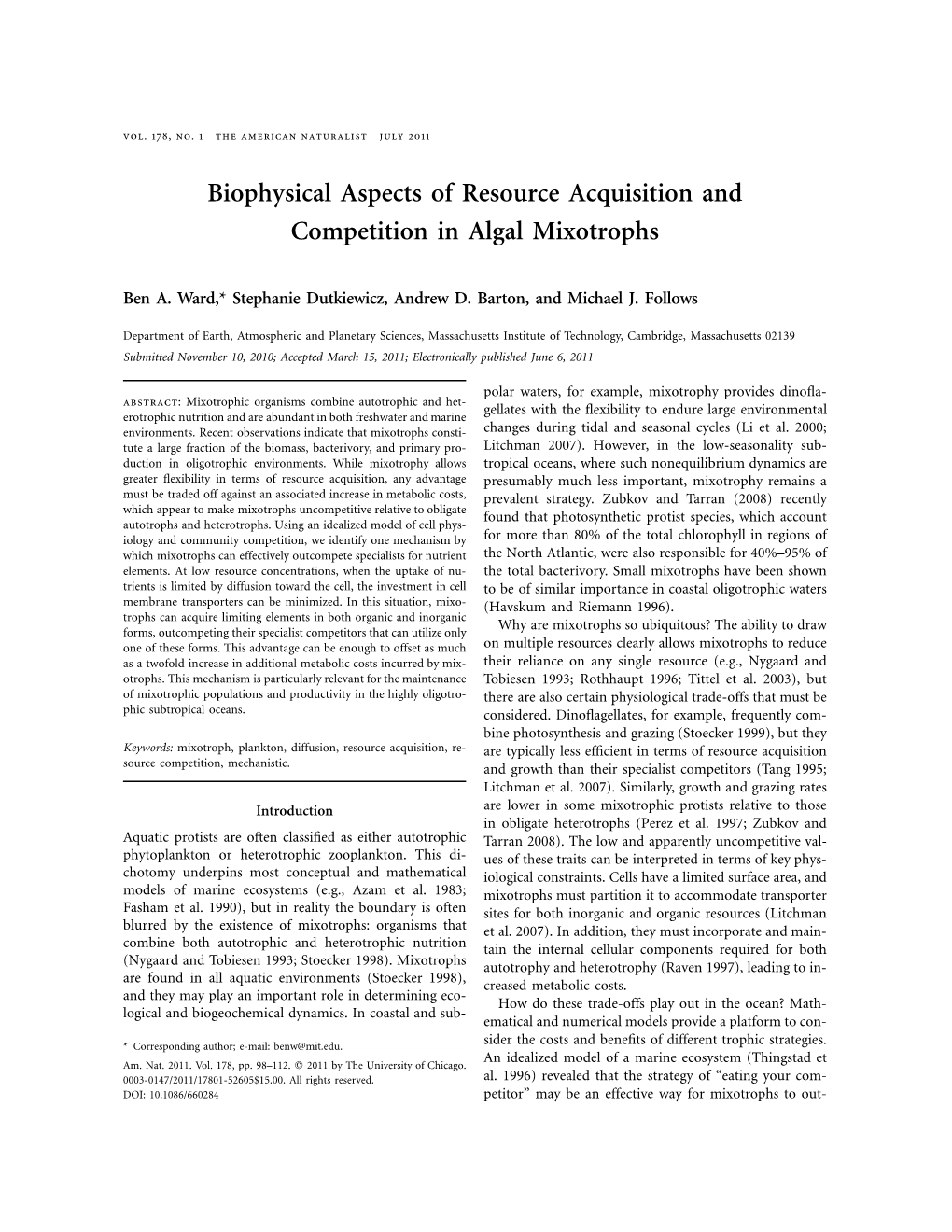 Biophysical Aspects of Resource Acquisition and Competition in Algal Mixotrophs