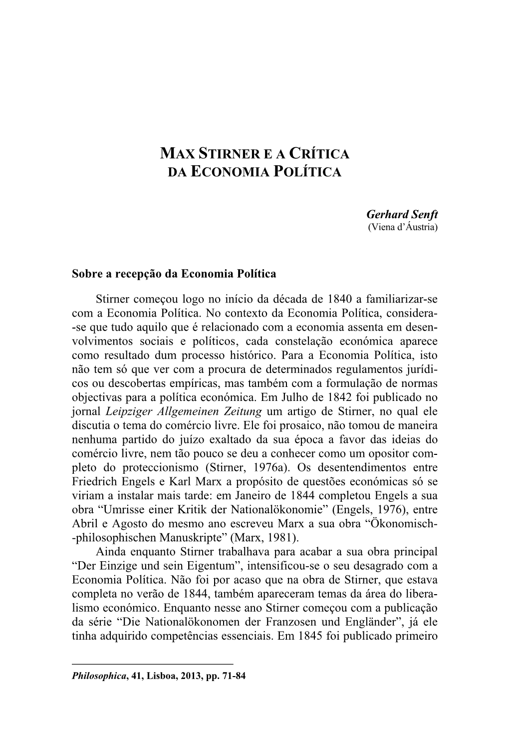 Max Stirner E a Crítica Da Economia Política