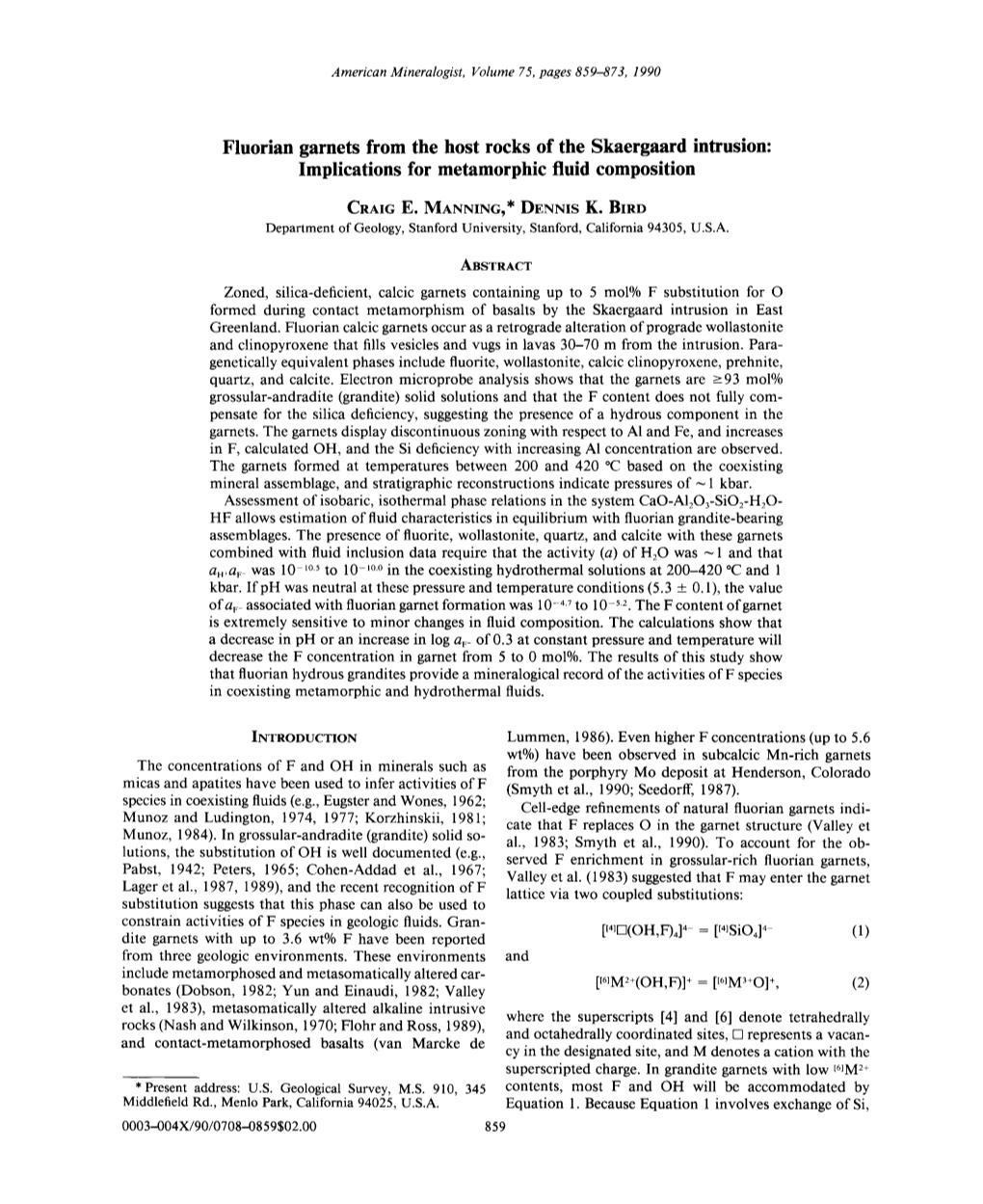 Fluorian Garnets from the Host Rocks of the Skaergaard Intrusion: Implications for Metamorphic Fluid Composition