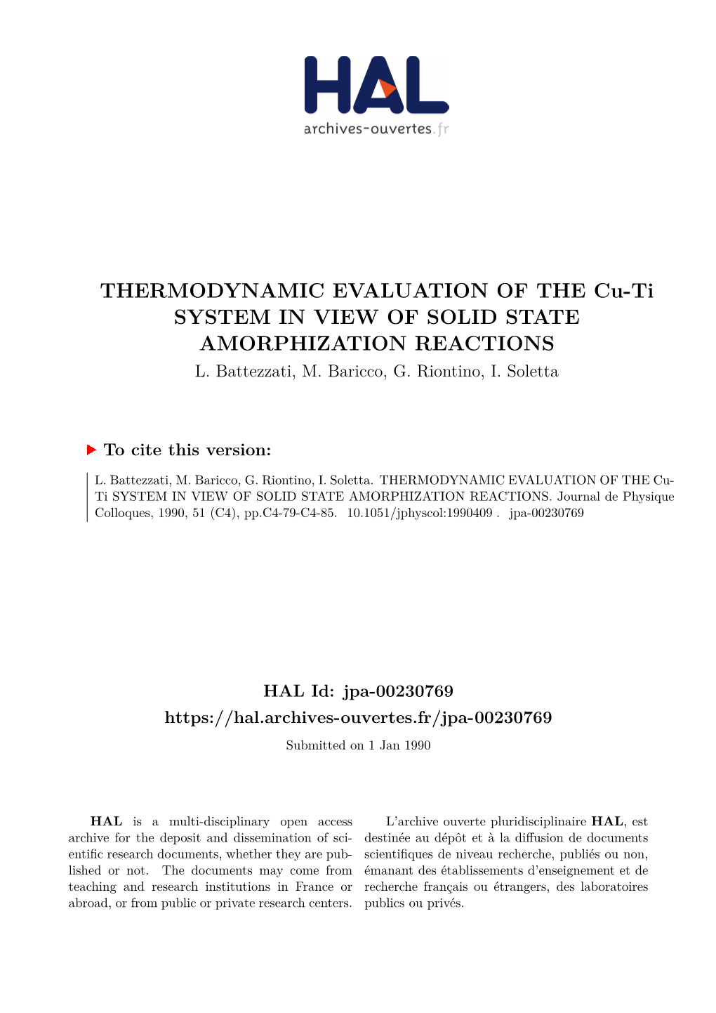 THERMODYNAMIC EVALUATION of the Cu-Ti SYSTEM in VIEW of SOLID STATE AMORPHIZATION REACTIONS L