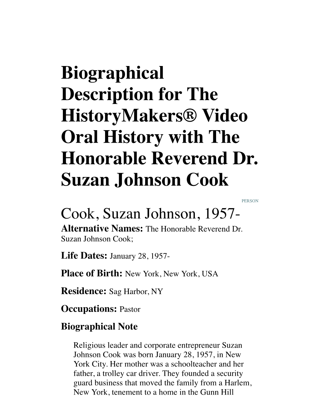 Biographical Description for the Historymakers® Video Oral History with the Honorable Reverend Dr