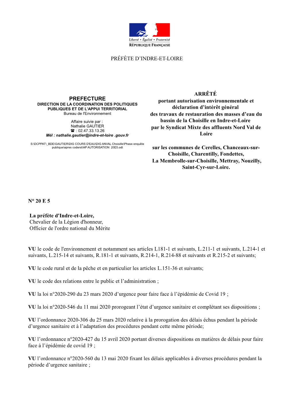 PRÉFÈTE D'indre-ET-LOIRE PREFECTURE ARRÊTÉ Portant