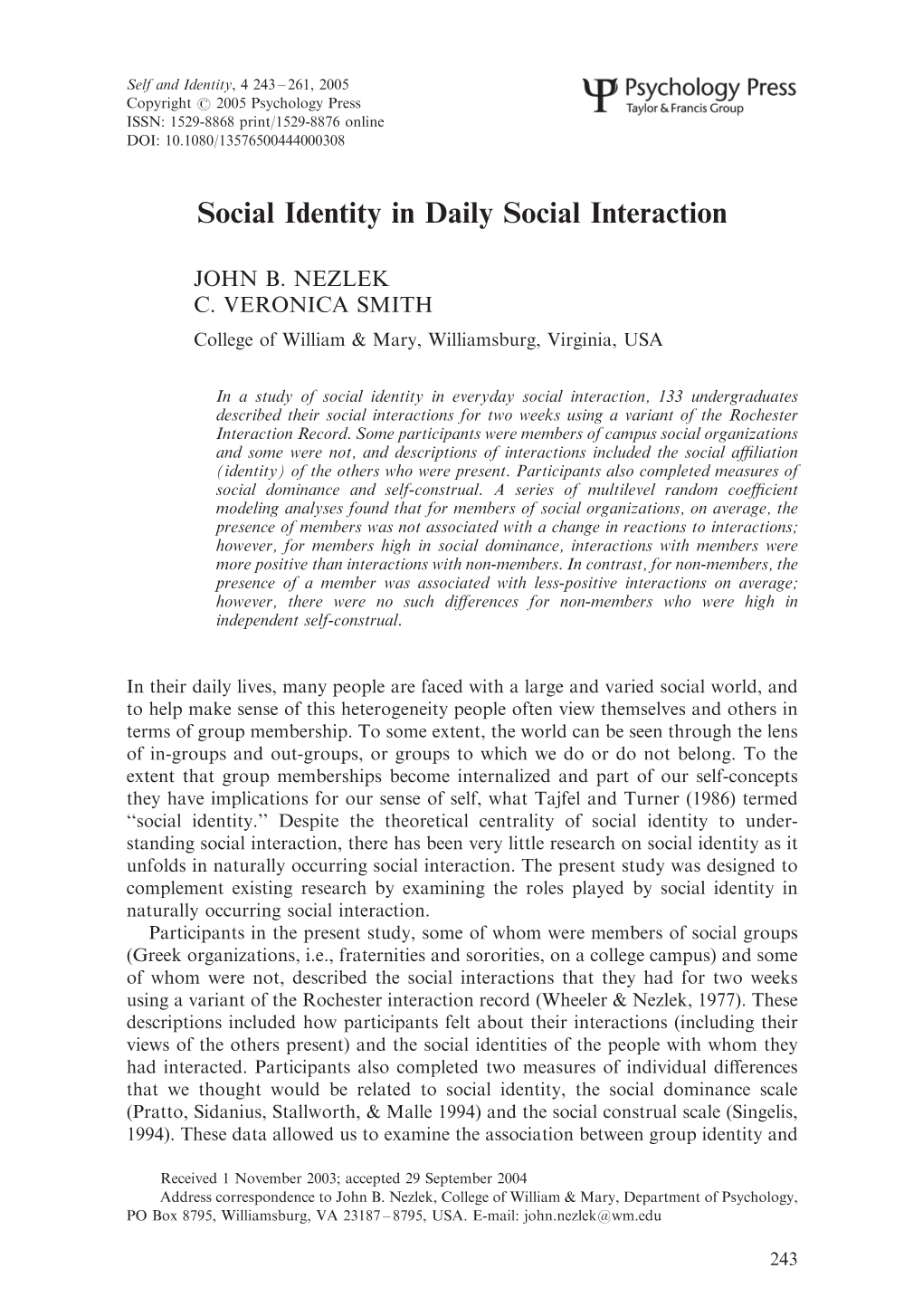 Social Identity in Daily Social Interaction