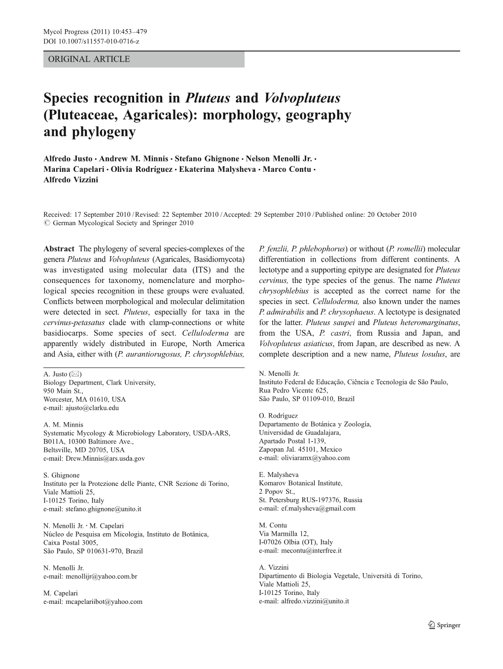 Species Recognition in Pluteus and Volvopluteus (Pluteaceae, Agaricales): Morphology, Geography and Phylogeny