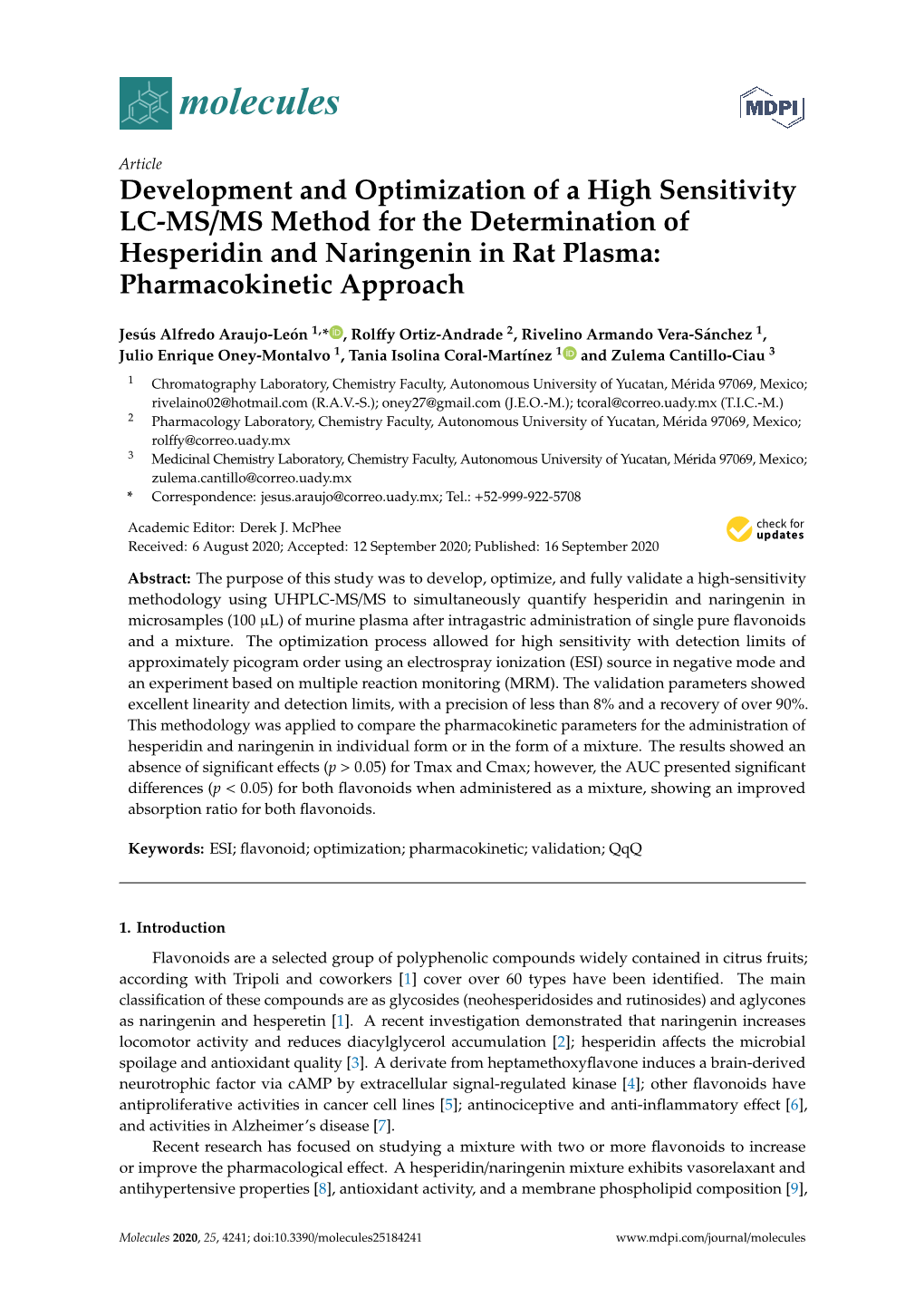 Development and Optimization of a High Sensitivity LC-MS/MS Method for the Determination of Hesperidin and Naringenin in Rat Plasma: Pharmacokinetic Approach