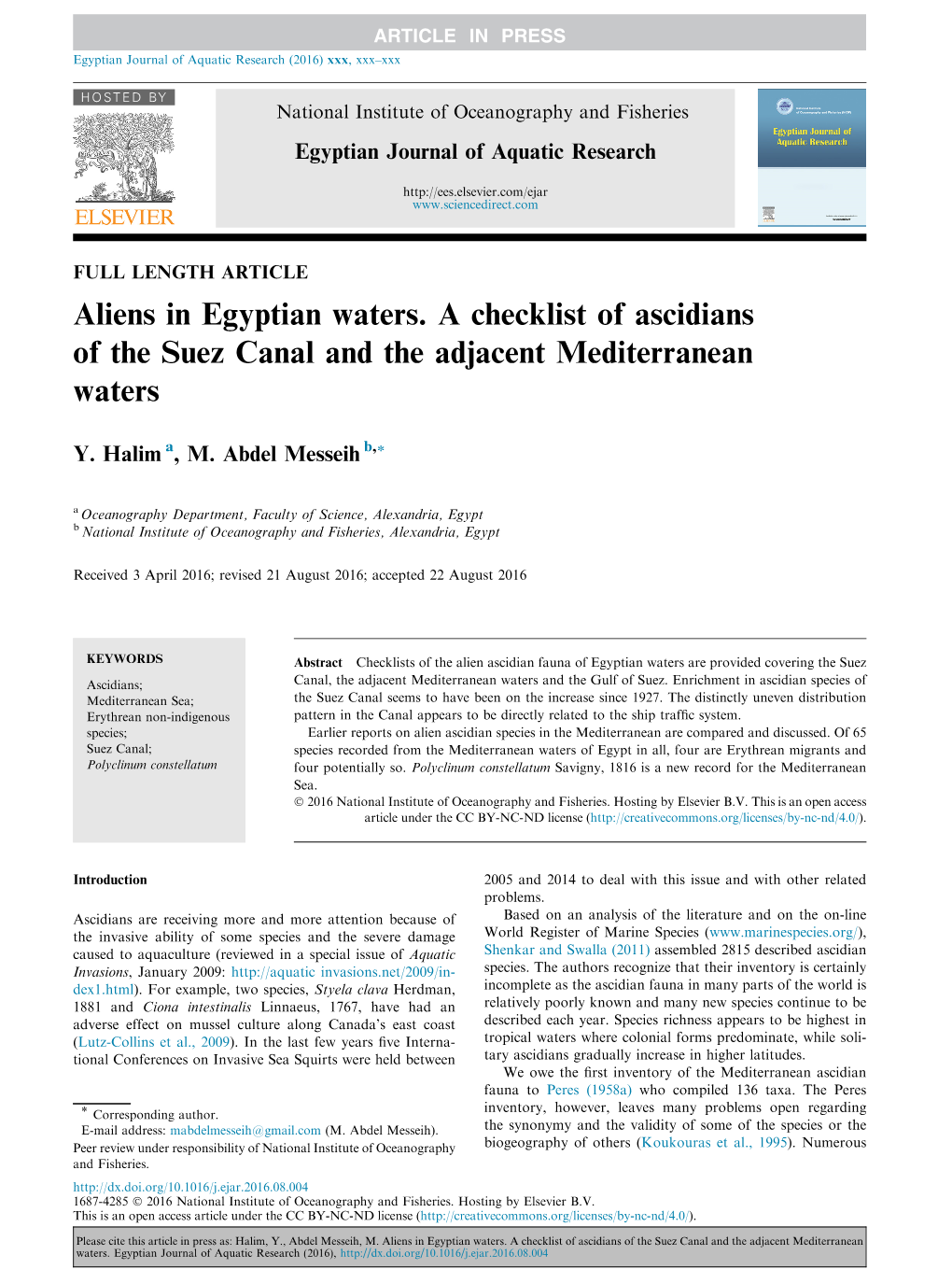 Aliens in Egyptian Waters. a Checklist of Ascidians of the Suez Canal and the Adjacent Mediterranean Waters