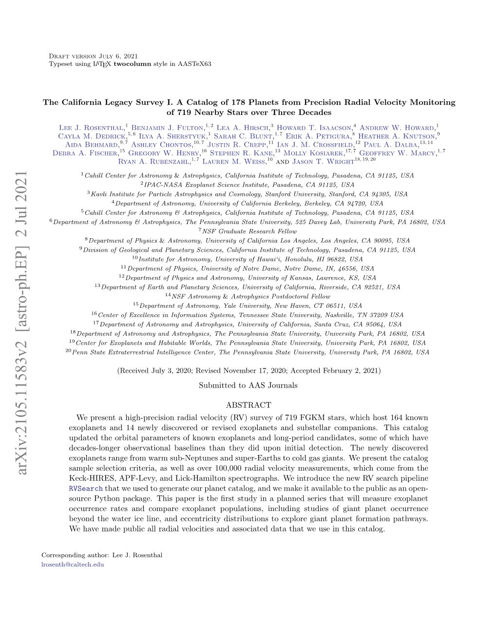 Arxiv:2105.11583V2 [Astro-Ph.EP] 2 Jul 2021 Keck-HIRES, APF-Levy, and Lick-Hamilton Spectrographs