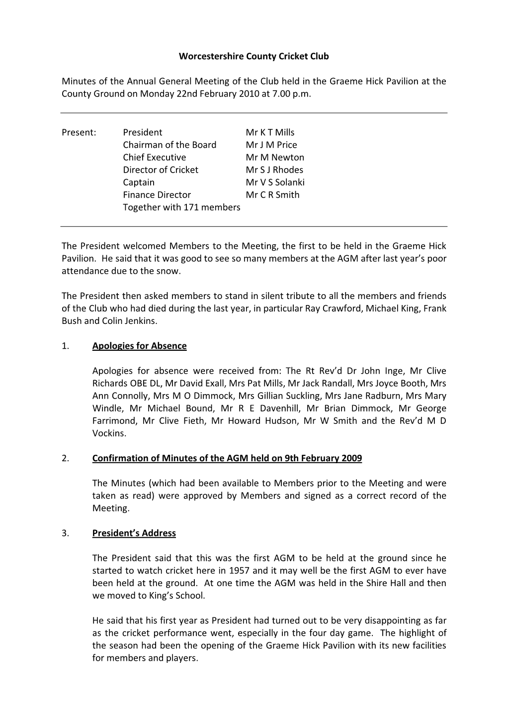 Worcestershire County Cricket Club Minutes of the Annual General