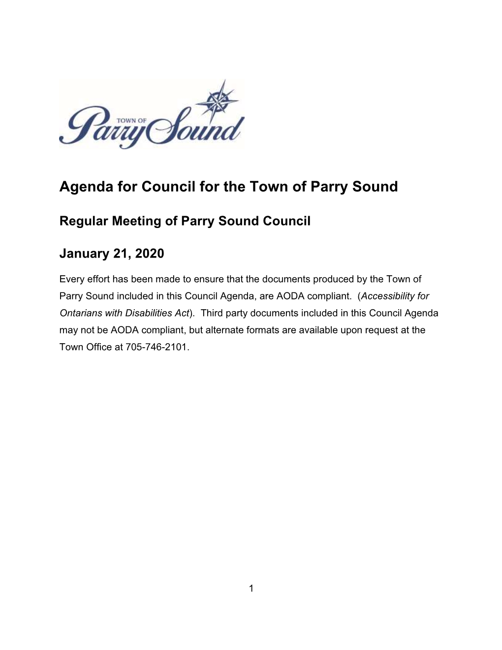 Agenda for Council for the Town of Parry Sound