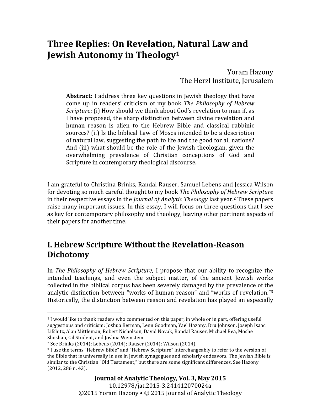 Three Replies: on Revelation, Natural Law and Jewish Autonomy in Theology1