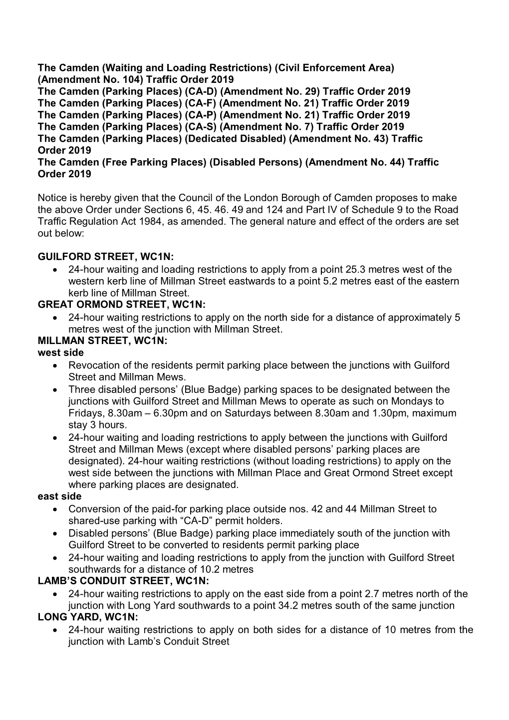 Traffic Order 2019 the Camden (Parking Places) (CA-D) (Amendment No