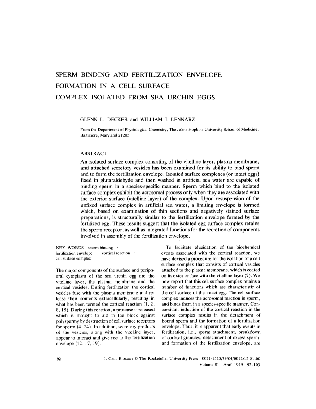 Sperm Binding and Fertilization Envelope Formation in a Cell Surface