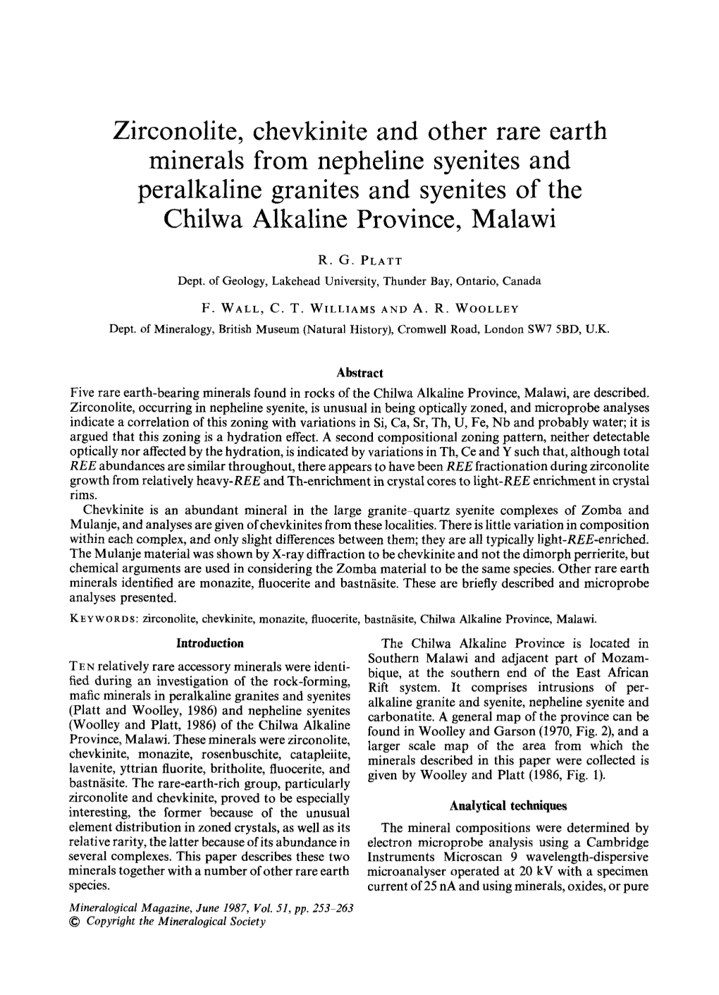 Zirconolite, Chevkinite and Other Rare Earth Minerals from Nepheline Syenites and Peralkaline Granites and Syenites of the Chilwa Alkaline Province, Malawi