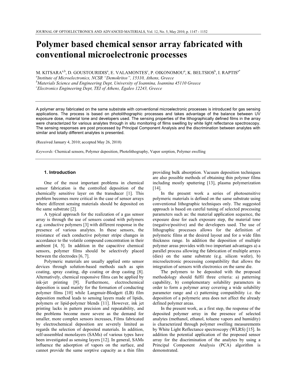 Polymer Based Chemical Sensor Array Fabricated with Conventional Microelectronic Processes