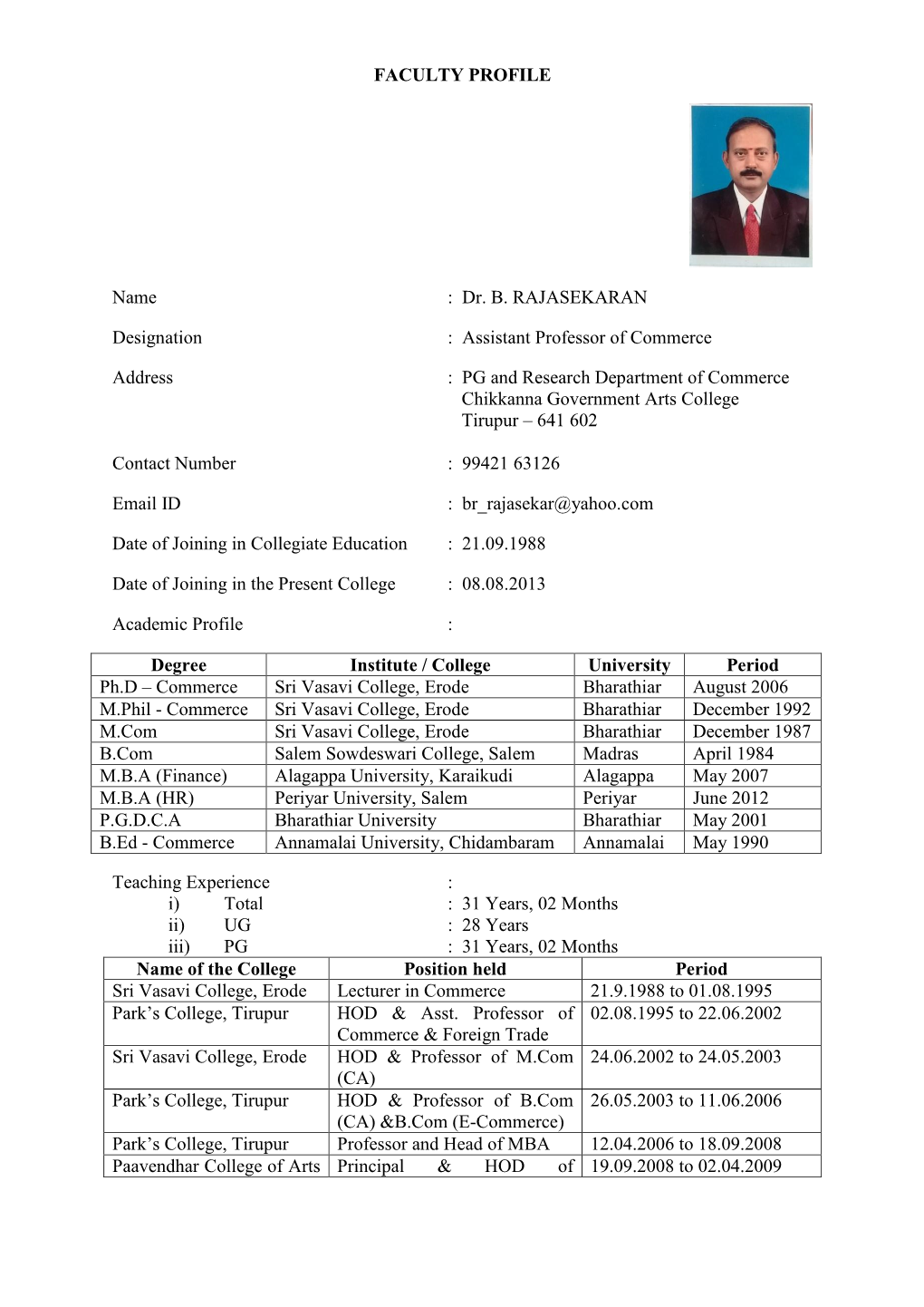 Dr. B. RAJASEKARAN Designation : Assistant Professor of Commerce