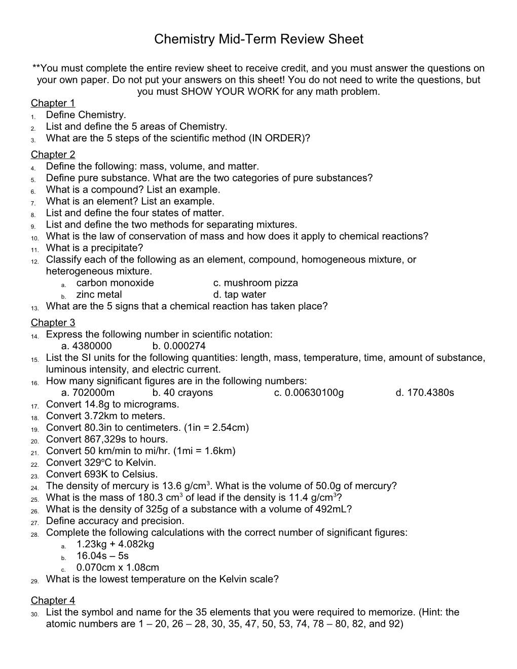 Chemistry Mid-Term Review Sheet