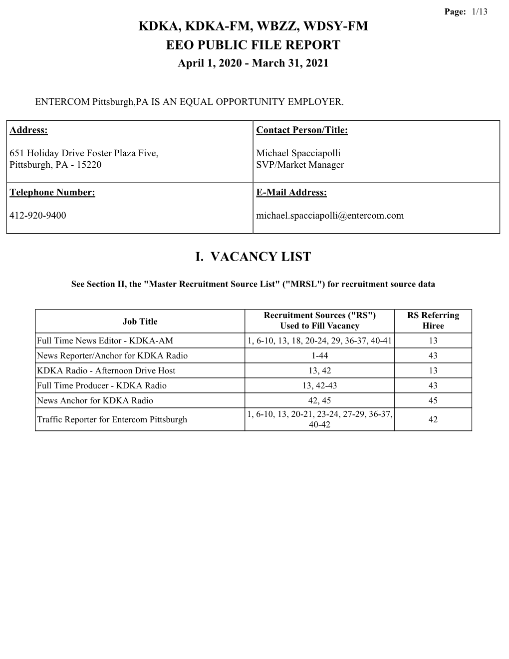 Kdka, Kdka-Fm, Wbzz, Wdsy-Fm Eeo Public File Report I