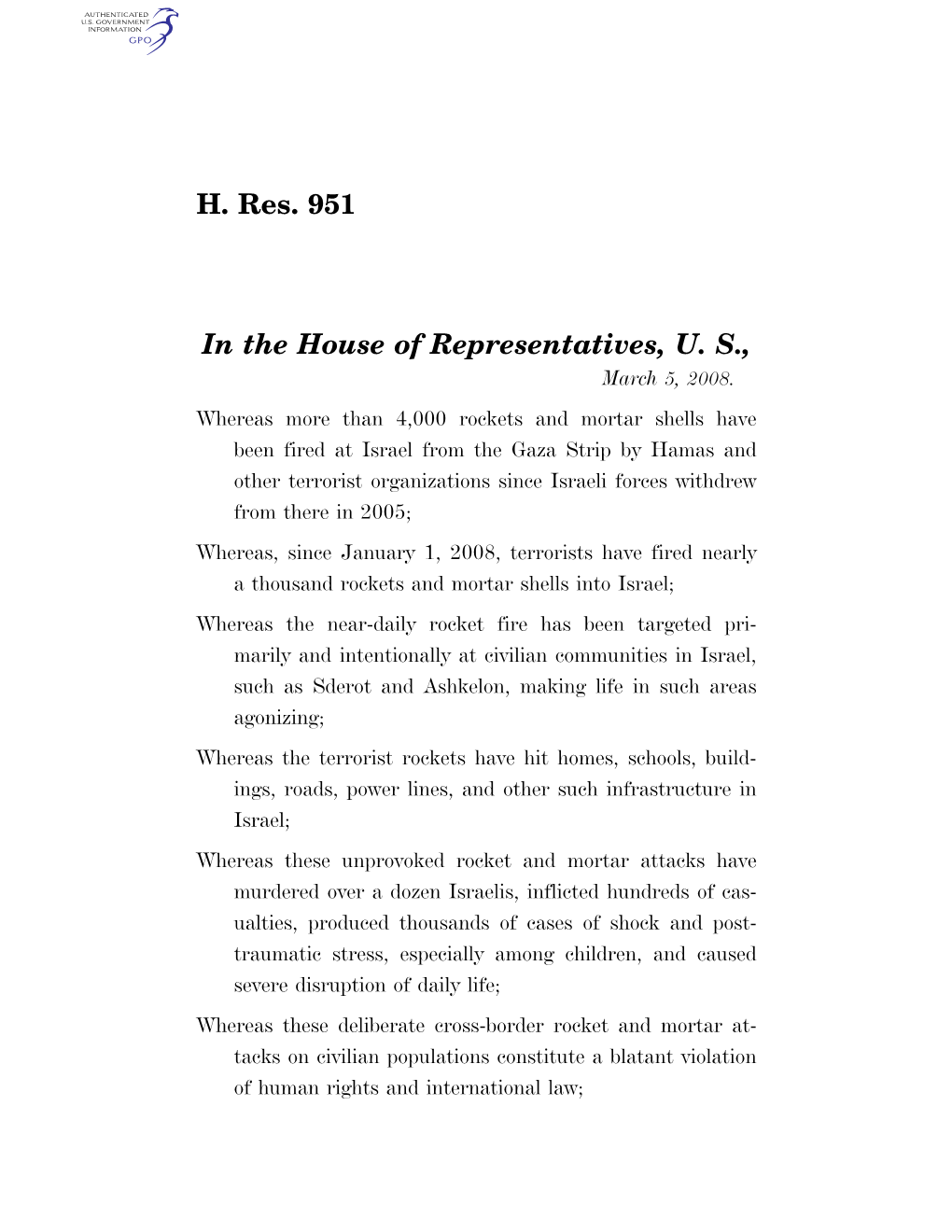 H. Res. 951 in the House of Representatives, U