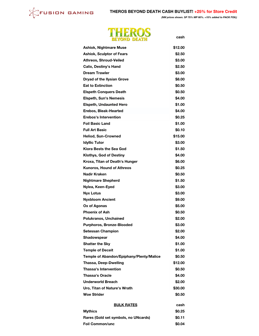 THEROS BEYOND DEATH CASH BUYLIST! +25% for Store Credit (NM Prices Shown