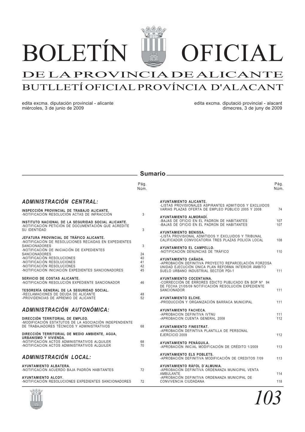 BOLETÍN OFICIAL DE LA PROVINCIA DE ALICANTE BUTLLETÍ OFICIAL PROVÍNCIA D'alacant Edita Excma