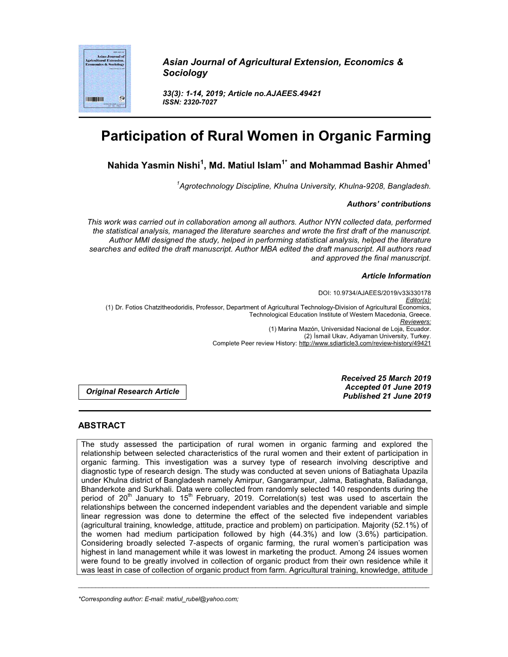 Participation of Rural Women in Organic Farming