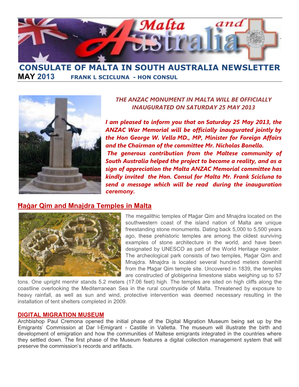 Consulate of Malta in South Australia Newsletter May 2013 Frank L Scicluna - Hon Consul