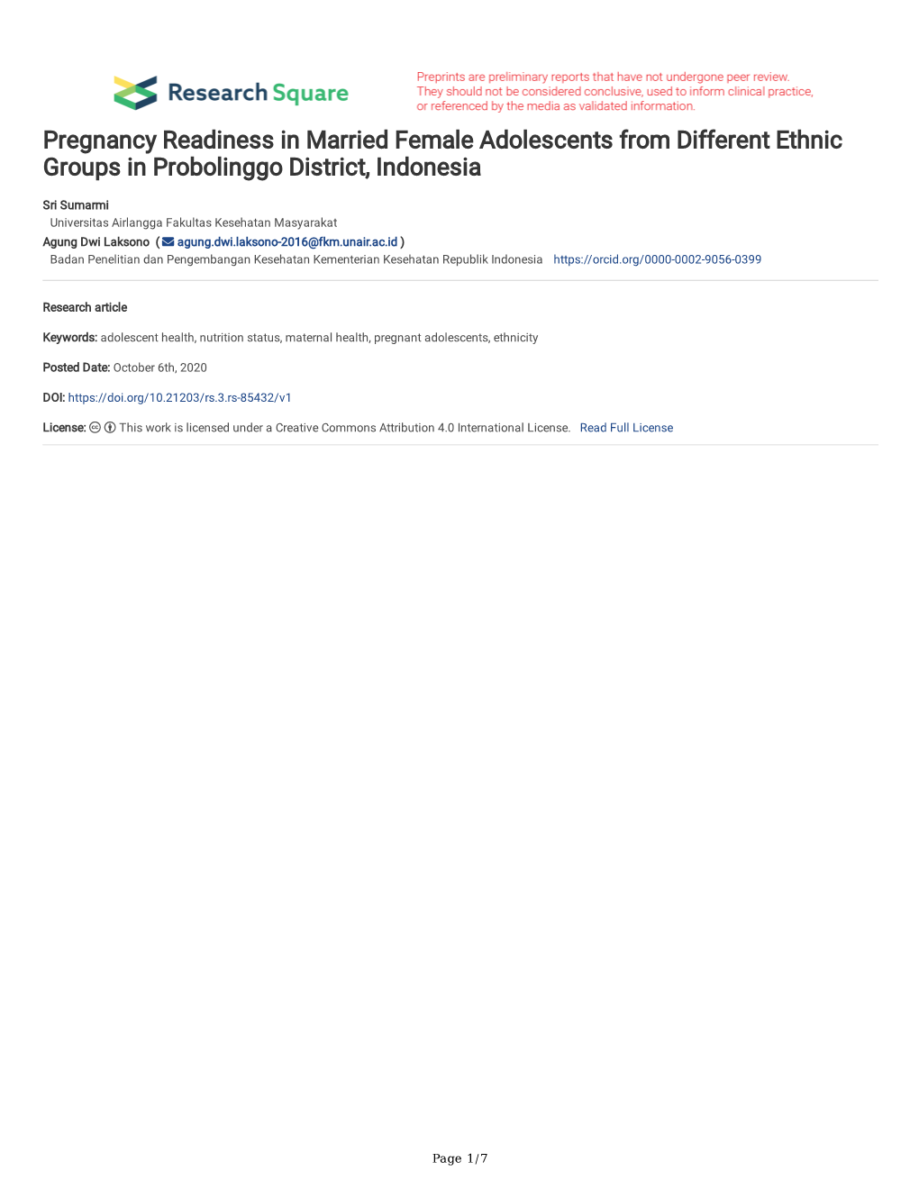 Pregnancy Readiness in Married Female Adolescents from Different Ethnic Groups in Probolinggo District, Indonesia