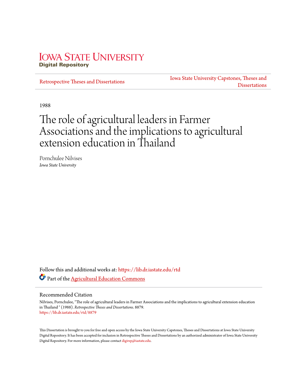 The Role of Agricultural Leaders in Farmer Associations and the Implications to Agricultural Extension Education in Thailand