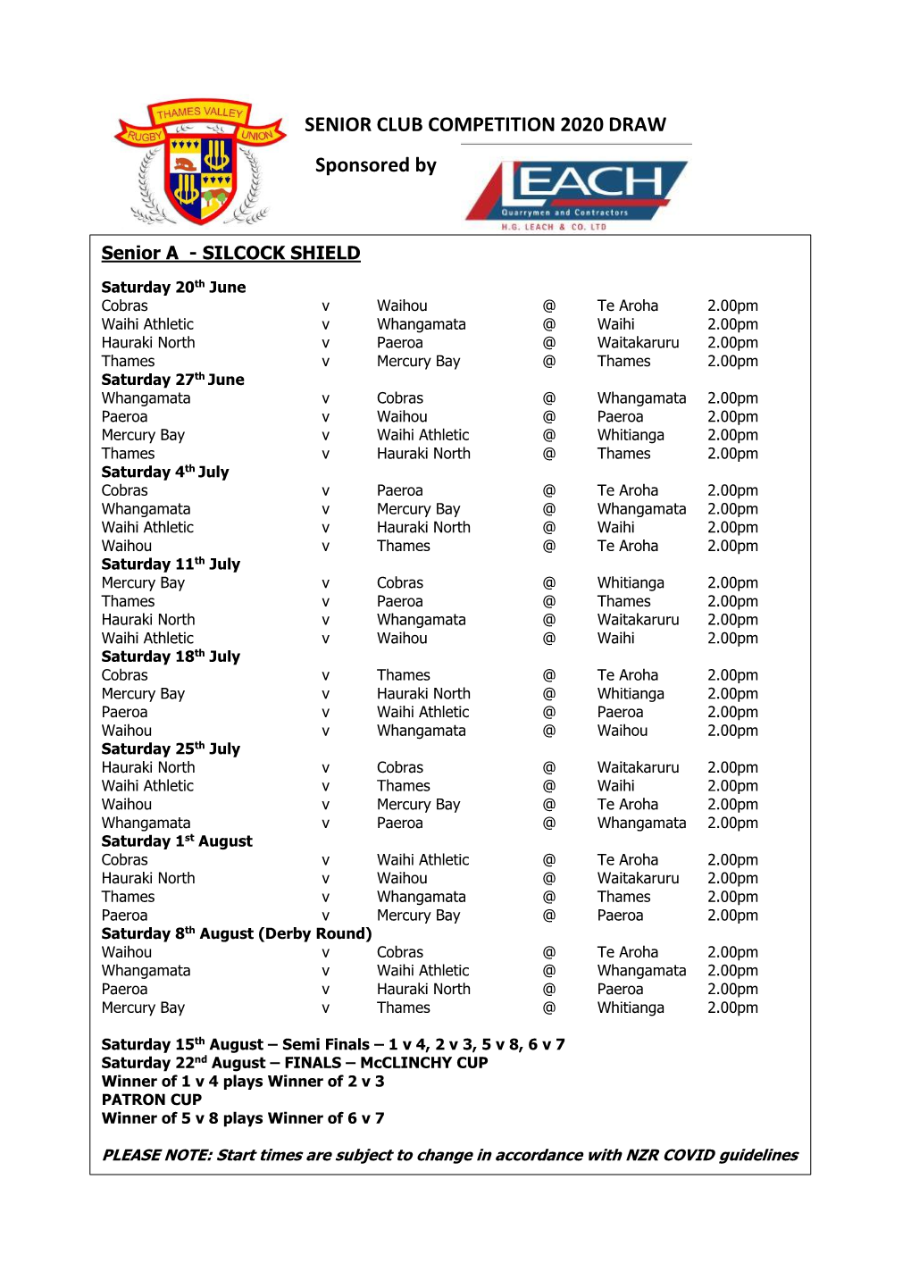 SENIOR CLUB COMPETITION 2020 DRAW Sponsored By