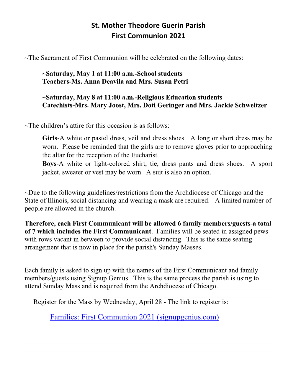 St. Mother Theodore Guerin Parish First Communion 2021 Families